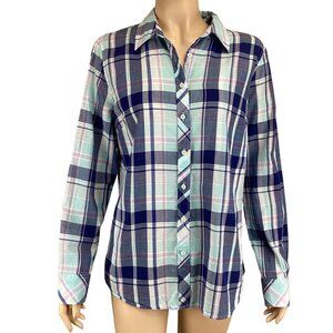Talbots Top Size Medium Plaid‎ Button-Down Classic Cotton Shirt Blue & Green
